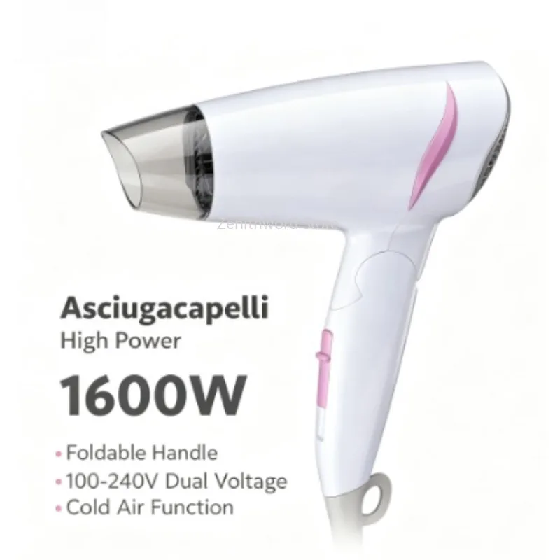 Asciugacapelli da Viaggio Pieghevole 1600W 100‑240V Doppio Voltaggio Compatto e Portatile con Funzione Aria Fredda per Uso Domestico, Viaggi e Hotel