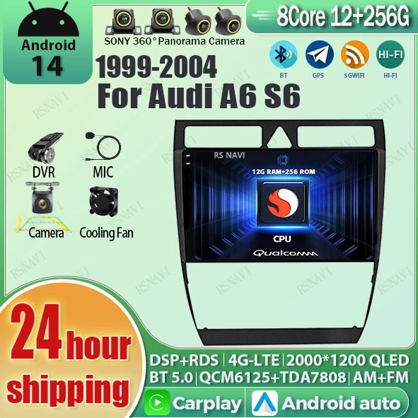 

Android 14 Carplay Auto 2K Screen Car Radio Multimedia Player For Audi A6 S6 1999-2004 DSP Qualcomm Stereo Head Unit Navigation