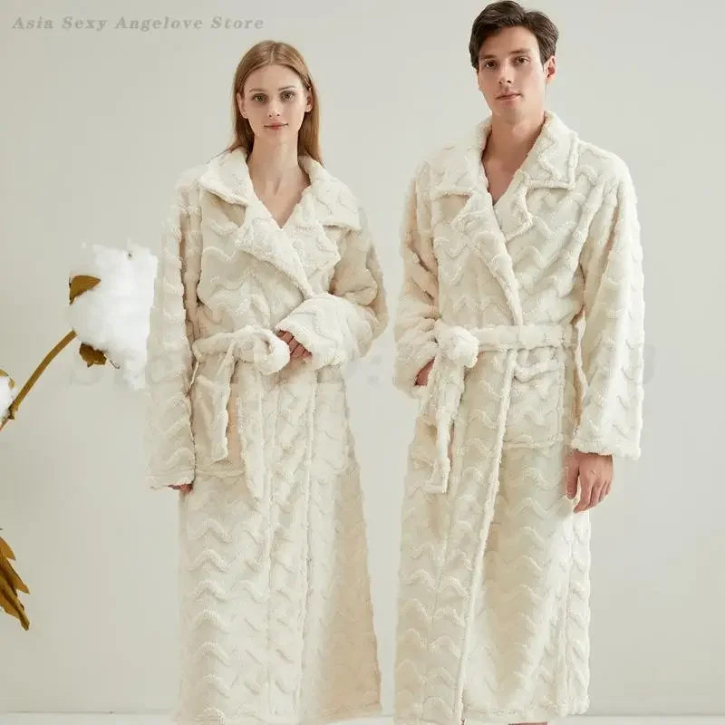 

Winter Warm Plush Flannel Bathrobe Nightgown Thicken Coral Fleece Long Robe Bathrobe Couple Sleepwear Loose Homewear Loungewear