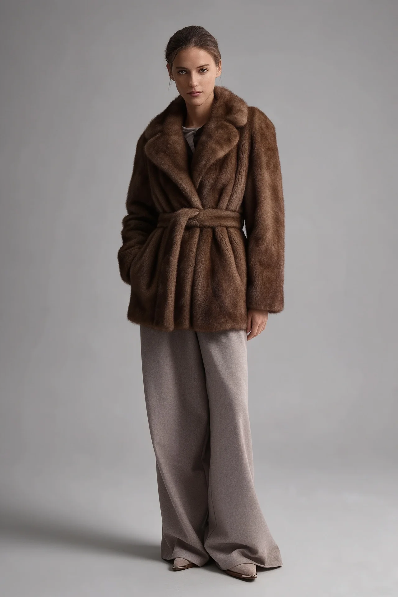 IG 2026 Women Notched Lapel Belted Waist Faux Mink Fur Jacket Loose Long Sleeve Luxury Elegant Winter Daily Party Outerwear