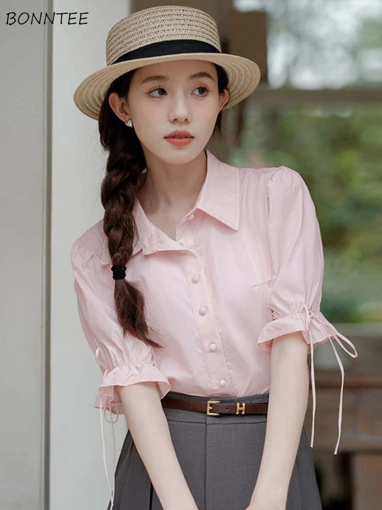 Shirts Women Literary Sweet Puff Sleeve Popular Summer Maiden Bandage Temperament Casual New Minority Korean Style Vintage Lapel