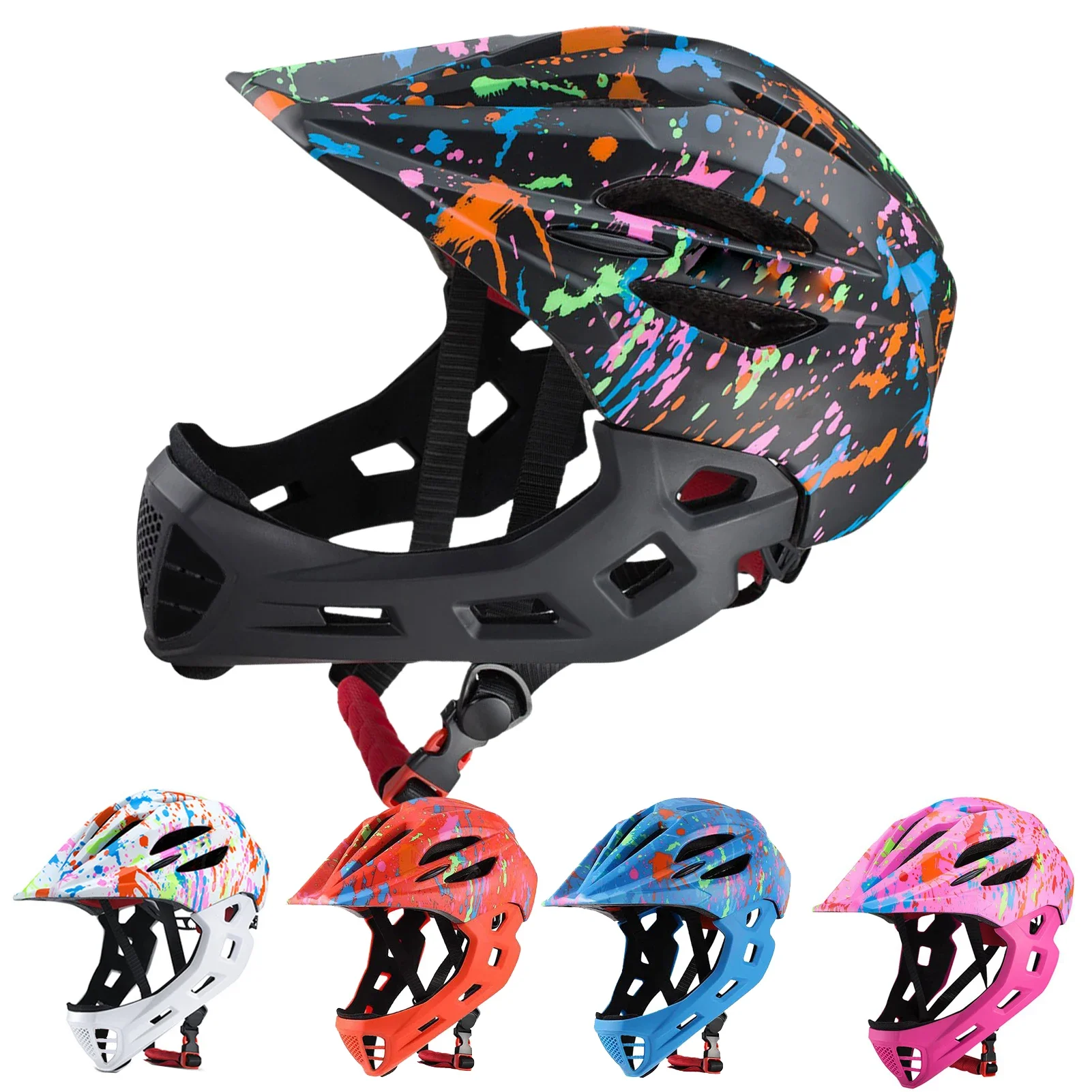 16 Vents Kids Bike Helmet LED Tail Light Adjustable Fit Detachable Chin Strap Breathable Lightweight Full Face Bicycle Helmet
