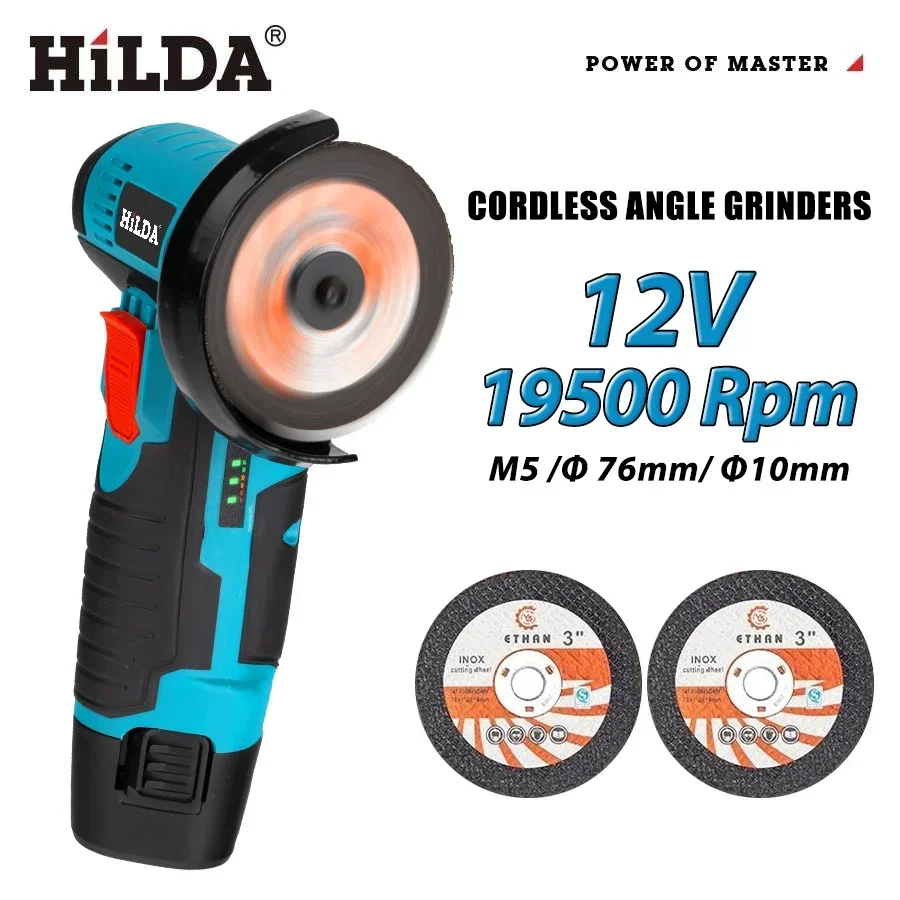 HILDA 12V 3/4 Inch Lithium Electric Angle Grinder Rechargeable Battery Brushed Polishing Machine  Mini Cutting Machine