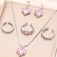 5pcs Pink Crystal Heart Jewelry Set for Women Simple Y2K Zircon Love Elegant Pendant Necklaces Ring Drop Earring Girls Gifts