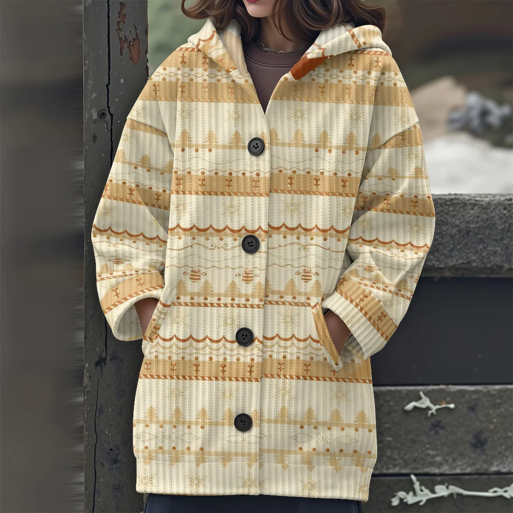 

Festive Christmas Print Hooded Cardigan for Women Snowflake Pine Cone Design Warm Button Up Winter Coat for Holiday Party Gift