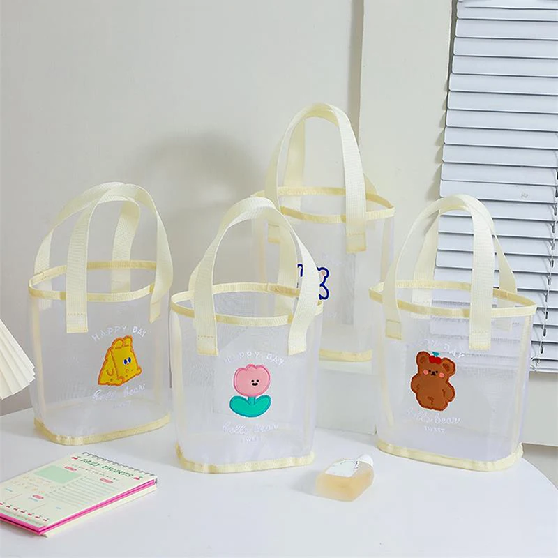 Cute Bear Beach Bag Large Capacity Shopping Bag Transparent Mesh Reusable Handbag Portable Travel Organizer Wash Bag Storage Bag