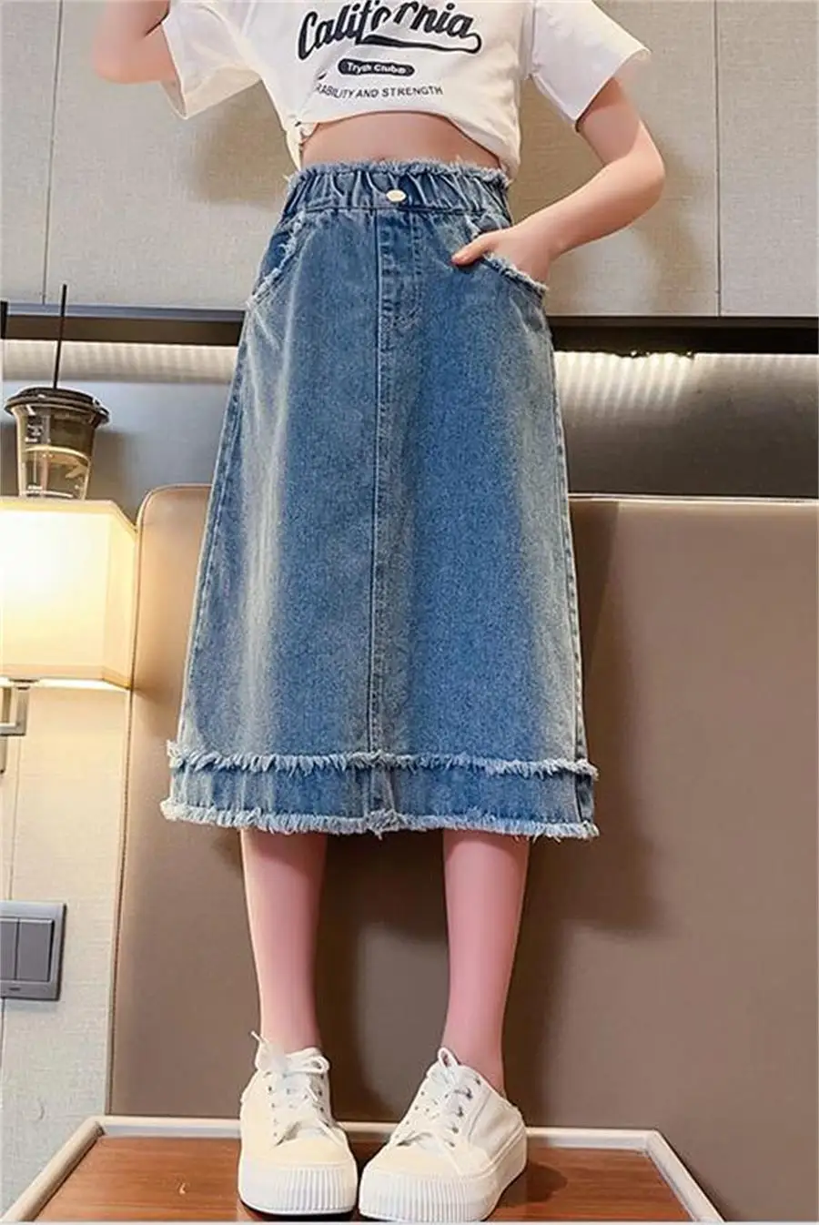 School Girls Denim Raw Edge Skirt 2024 Summer Four Season High Waist Casual Midi Skirt girls denim skirt