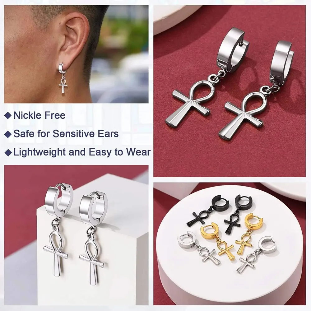 Stainless Steel Charms Dangle Drop Earrings Ankh Cross Padlock Italian Horn Evil Eye Key Lock Rivets Moon Unisex Drop Earrings