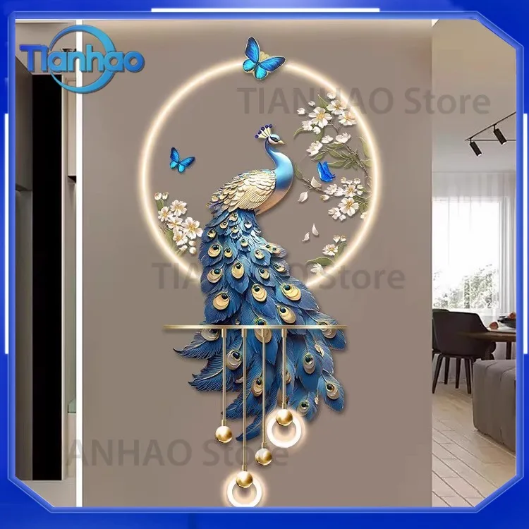 3D Peacock Entryway Wall Art with LED Light for Modern Chinese Style Hallway Corridor Decoration for 2025