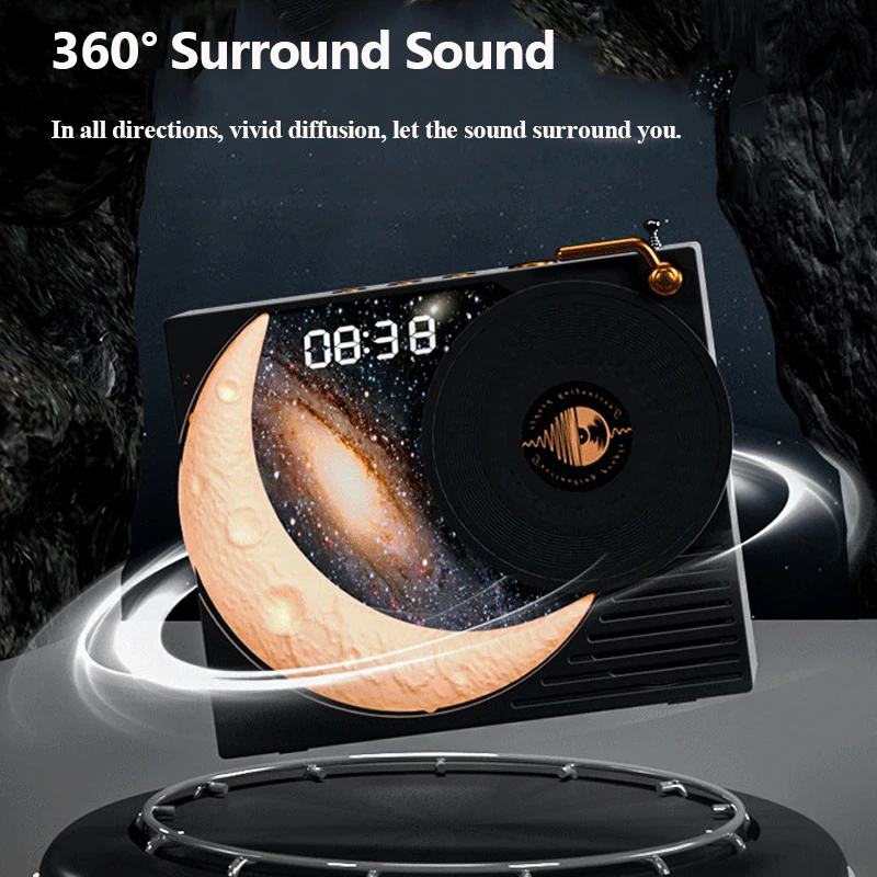 Portable Vintage Bluetooth Speaker Half-moon Ambient Light Surround Sound Music Box with LED Screen Support FM Radio Time Displa