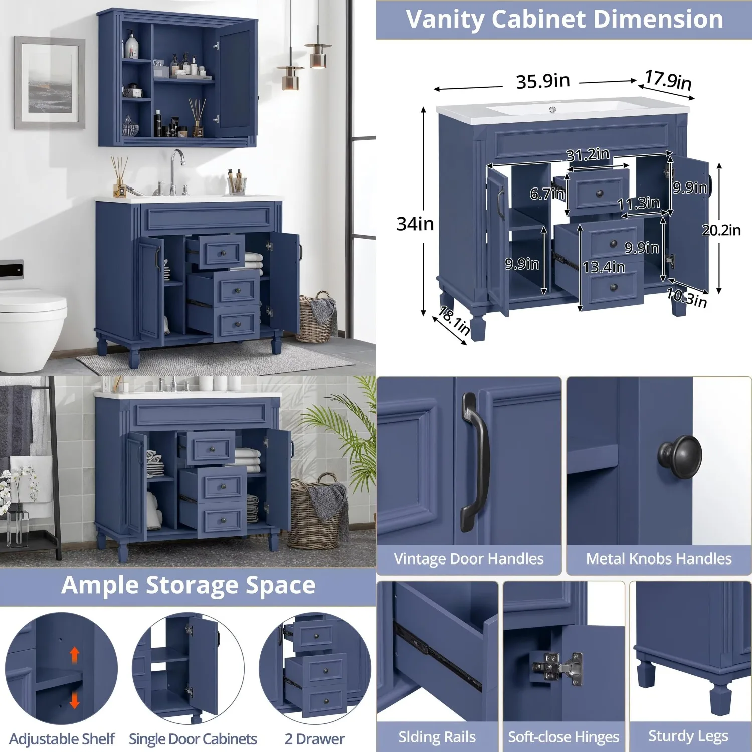 

36" Bathroom Vanity Sink Mirror Cabinet Combo Wood Freestanding Basin Storage Shelves Drawers Blue Customized