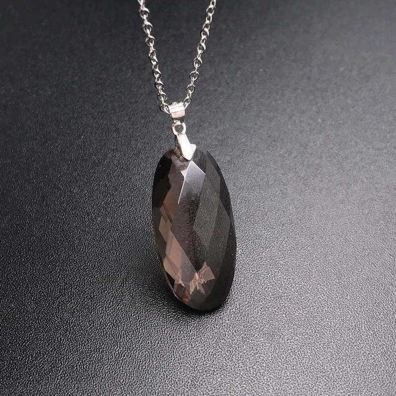 Trendy Natural Smoky Quartz Pendant 925 Silver Necklace Gemstone Oval 15*30mm for Women Man Party birthday Jewelry Gift