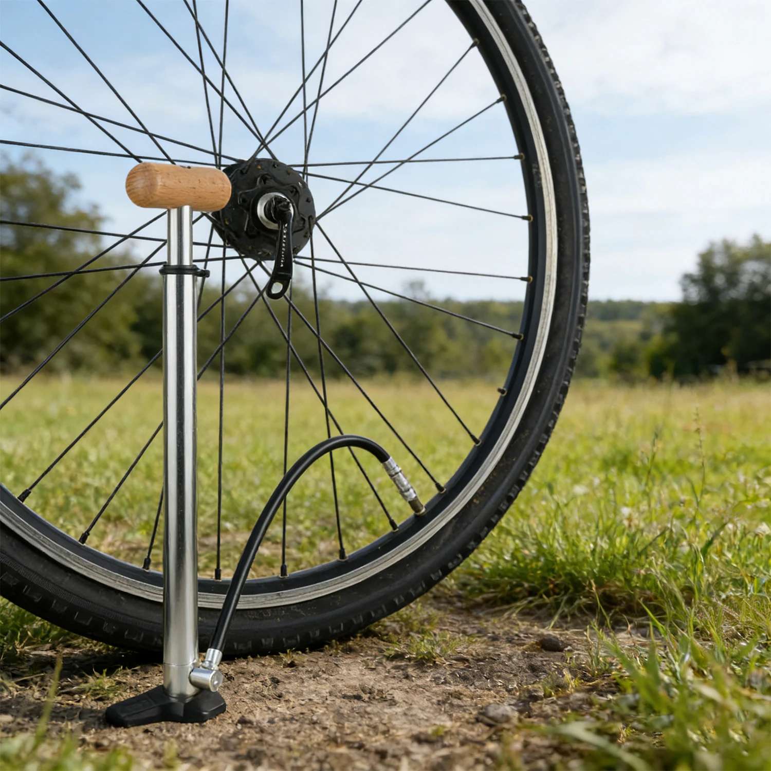 

Aluminum Alloy Silvery Portable Bicycle Manual Air Pump 150 PSI with Quick Switch Nozzle for Road/MTB Bike with Wooden Handle