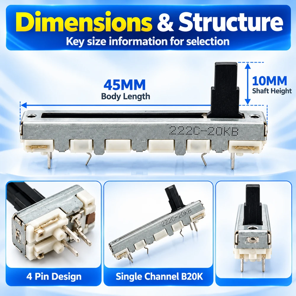45MM Straight Slide Potentiometer for ALPs 800 Volume Mixer Fader B20K 10MM 4PIN 222C-20KB