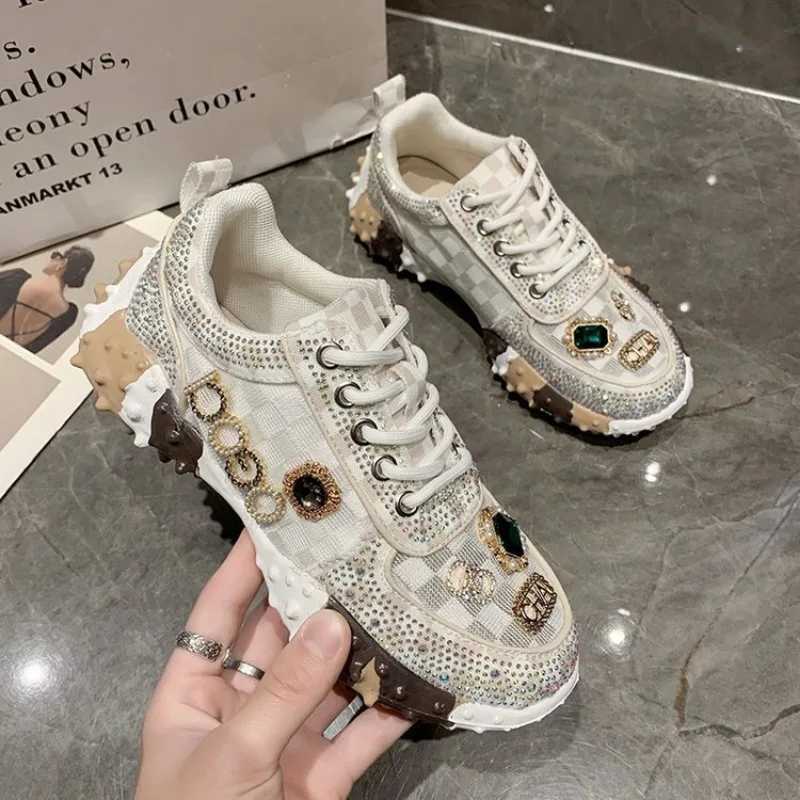 Women\'s Sneakers Spring Autumn Luxury Rhinestone Ladies Shoes 2024 Designer Mesh Vulcanized Shoes New Thick-soled Casual Shoes