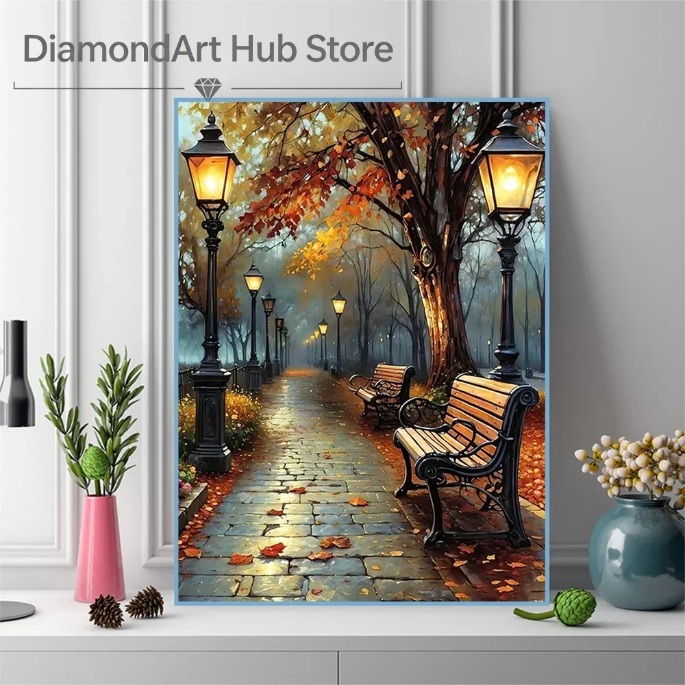 Kit de peinture diamant 5D à faire soi-même, motif parc d'automne, allée, lampadaire, banc, feuillage d'automne, paysage, tableau en mosaïque pour décoration murale à domicile, cadeau.
