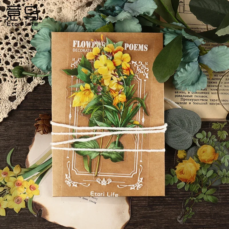 

6pcs PET Sticker Pack Flower and Poetry Series Retro Plant Flower Handbook Material Decorative Stickers 6 Styles vintage