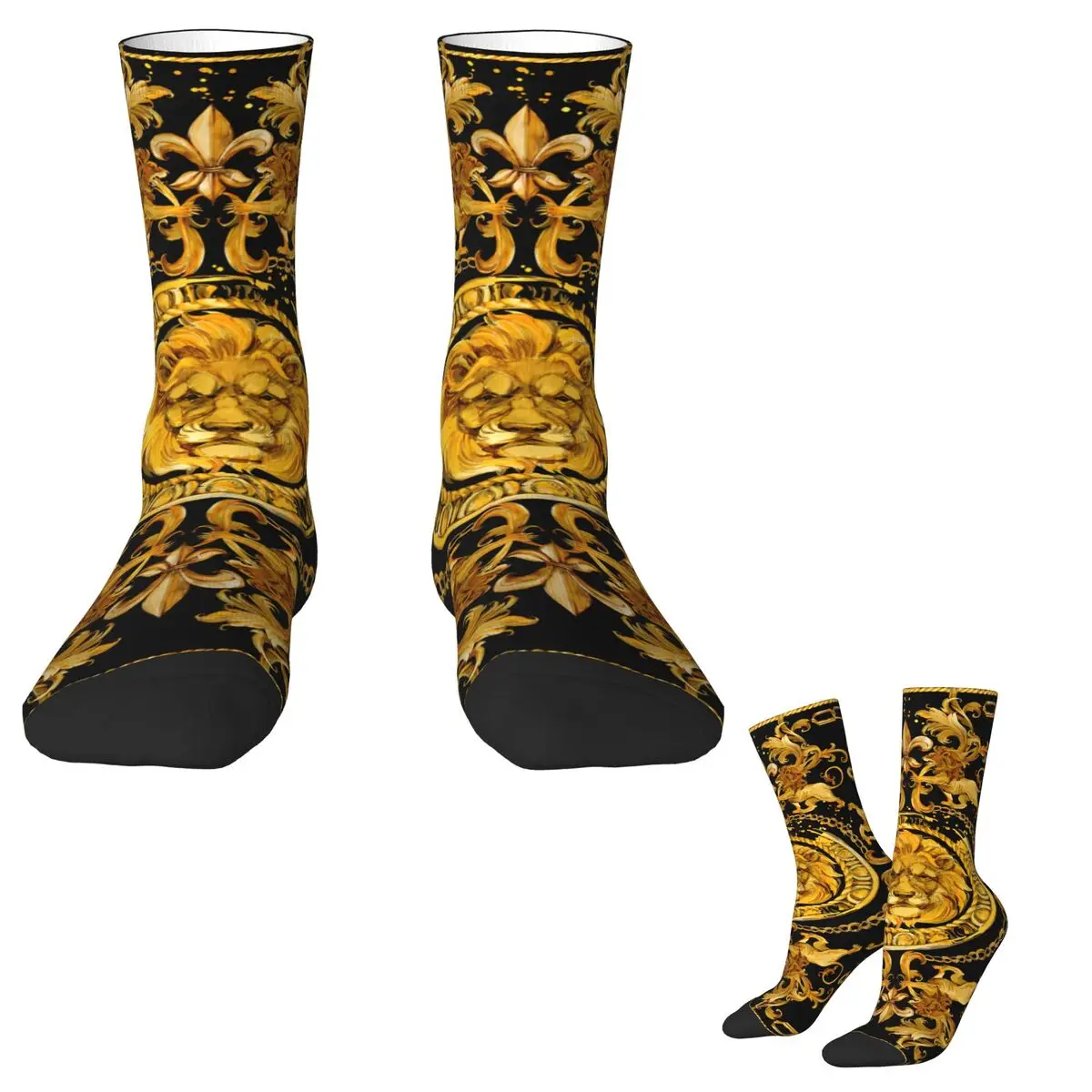 Golden Lion And Damask Socks Retro Stockings Autumn Anti Bacterial Men Socks Breathable Graphic Cycling Socks