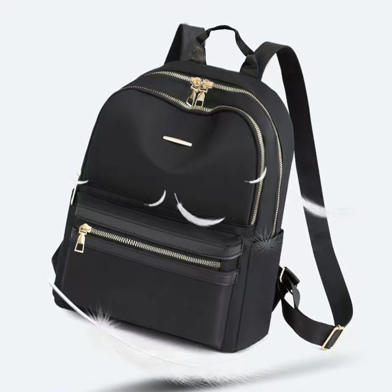 

Модный женский черный нейлоновый рюкзак с золотой фурнитурой для повседневных прогулок, стильная легкая повседневная сумка с несколькими карманами