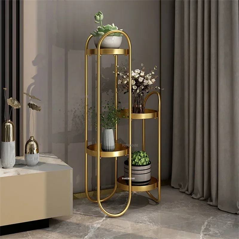 

Gold Metal Light Luxury Living Room Floor-to-ceiling Flower Shelf