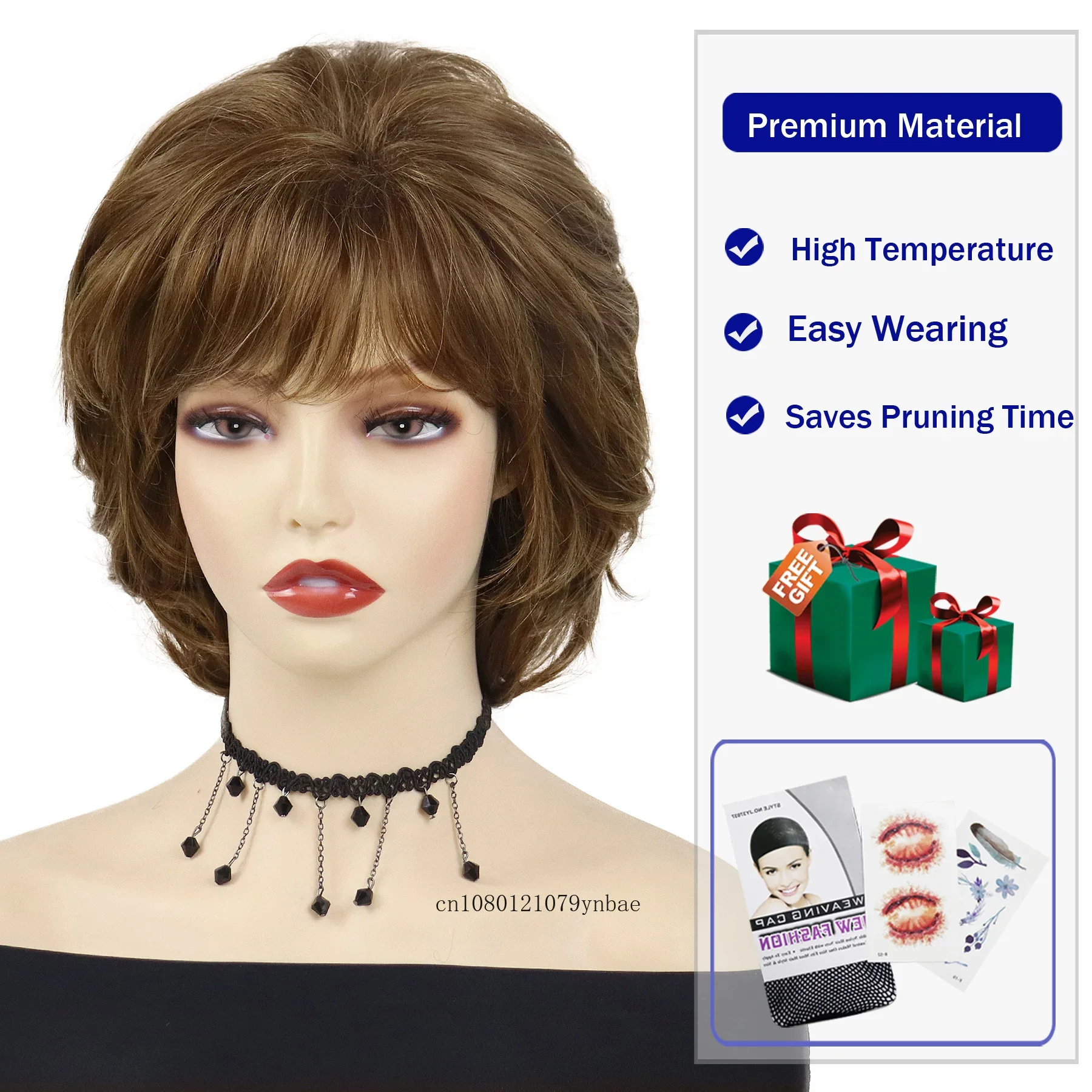 Natural Synthetic Hair Short Curly Brown Wigs for Women Mommy Wig with Bangs Daily Costume Party Use High Temperature Fiber