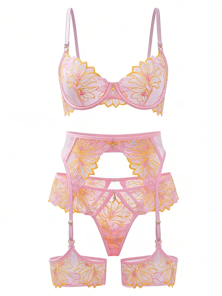 

Belamimi 4-Piece Sheer Lace Lingerie Set Floral Intimate Underwear Sexy Luxury Briefs for Women