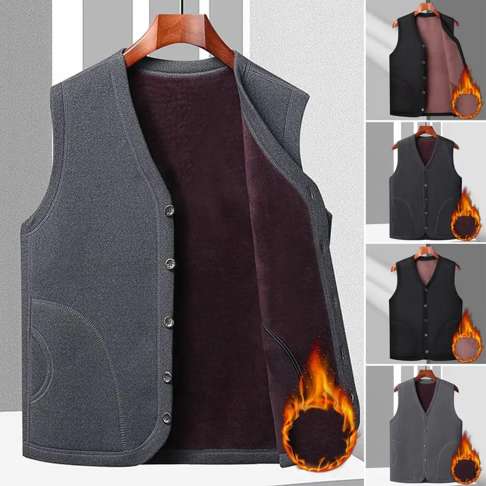 Men Fleece Vest Men's Fall Winter Single-breasted V Neck Plush Vest with Pockets Resistant Cardigan for Plus Size Men for Men