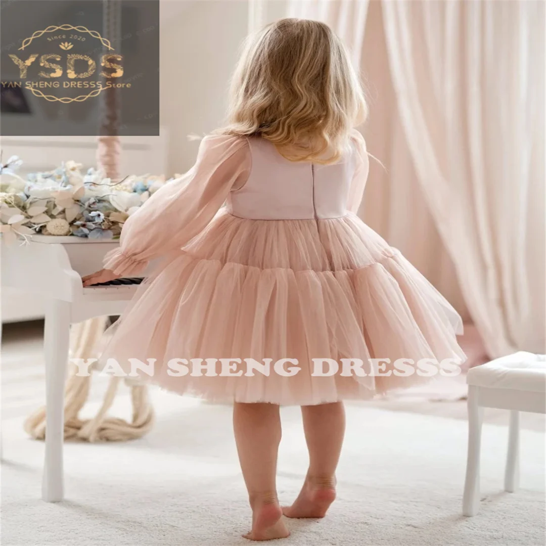 Light Pink Flower Girl Dresses Tulle Satin Puffy (Tiered Long Sleeve For Wedding Birthday Party First Communion Gowns