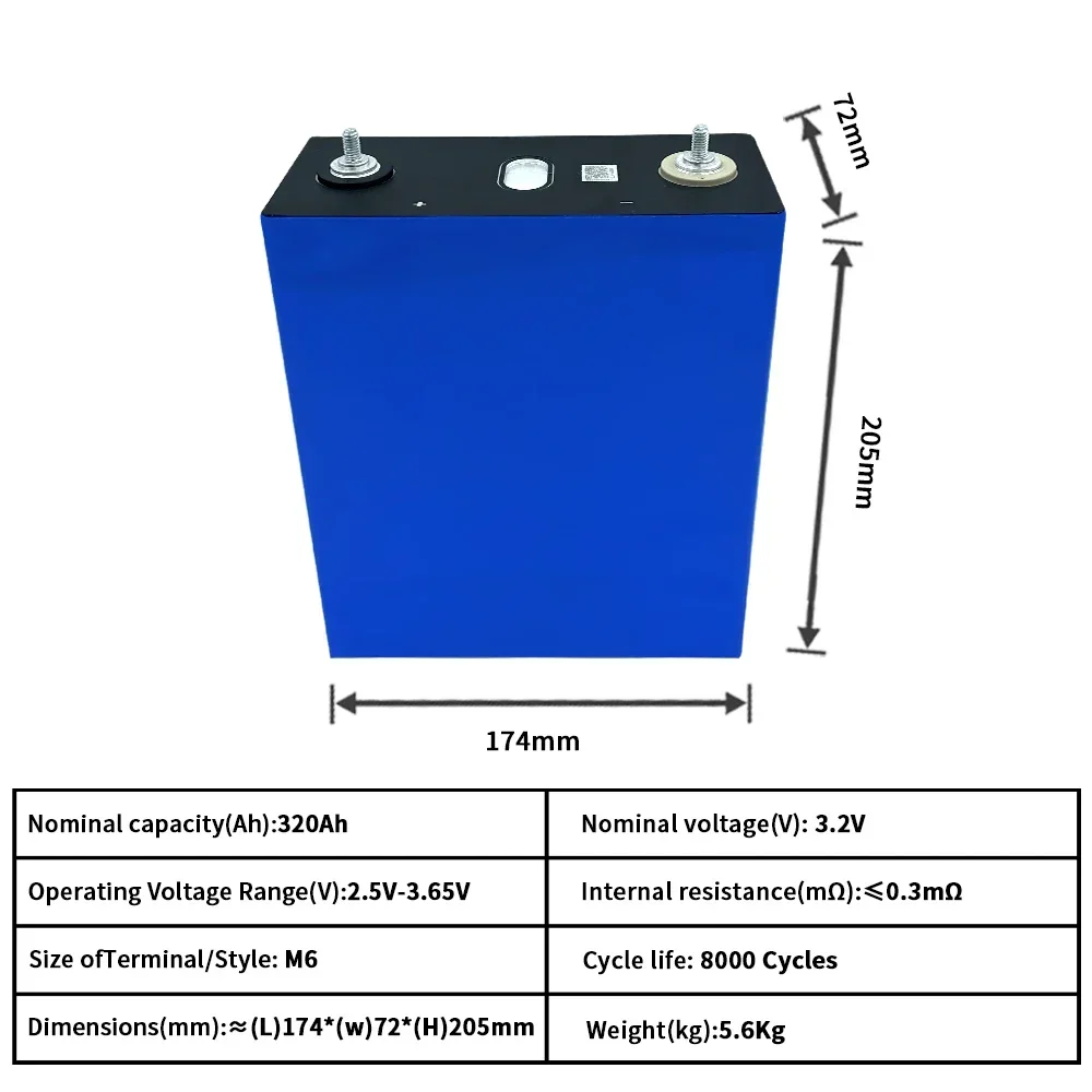 Grade A 320Ah Lifepo4 Battery 3.2V Lithium Iron Phosphate 8000 Cycles Rechargeable Cell For DIY 12V 24V 48V Home Solar Camping