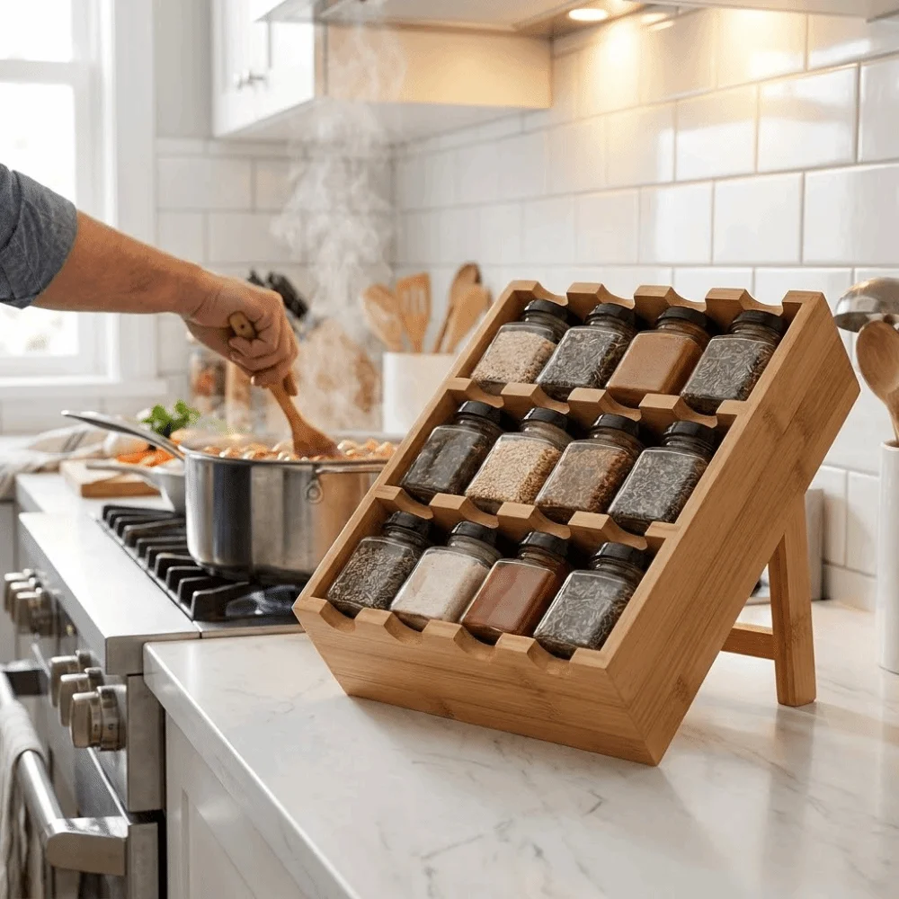 

Wooden 12 Grids Spice Rack Space Saving with Storage Jars Multi-Layer Condiment Rack Large Capacity Spice Organizer For Kitchen