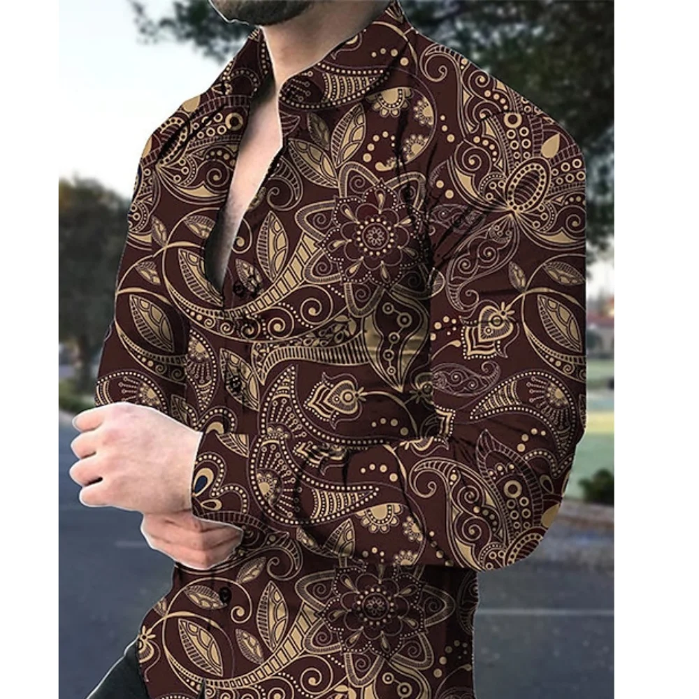 

2025 Spring Men'S Business Fashion Retro Street Printed Shirts Men'S Long-Sleeved Lapel Shirt