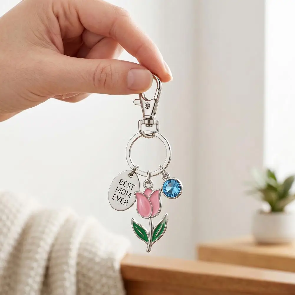 Mom Appreciation Gift Tulip Birthstone Keychain with Inspirational Card Engraved Pendant Rhinestone Mom Bag Charm Cartoon