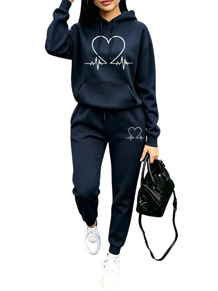 2026 New Arrival Women's Tracksuit Hoodie and Sweatpants Heart Printed Hooded Outfit Fall Winter Daily Casual Sports Jogger Suit view 5