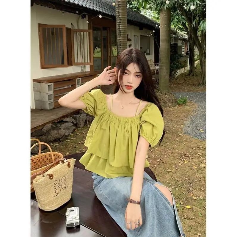 Women Solid Shirt Sweet Chic Puff Short Sleeve Female Blouse Korean Summer New Square Collar Loose All Match Ladies Crop Tops