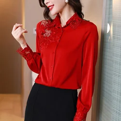 #2551 Black Blue Red Satin Shirt Women Embroidery Flower Hollow Out Office Shirt Long Sleeve Korean Style Vintage Shirt Female