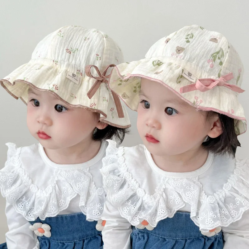 Frühlingsmütze für Babymädchen, Blumenmuster, Baumwolle, Fischerhüte für Kleinkinder, Outdoor, Reisen, Sonnenschutz, Prinzessin, süße Accessoires, 3–24 Monate