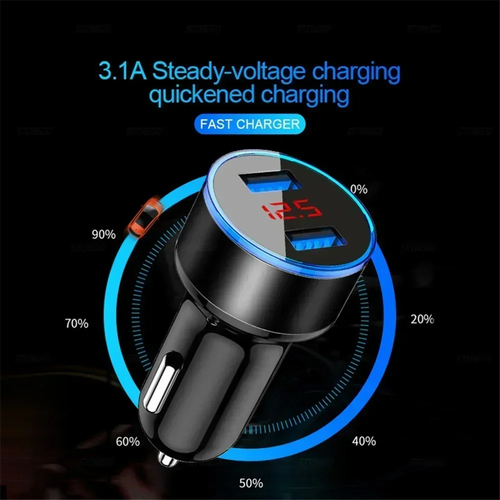 High Quality 3.1A Dual USB Car Charger 2 Port LCD Display Voltmeter 12-24V Cigarette Lighter Socket Car Charger Adapter