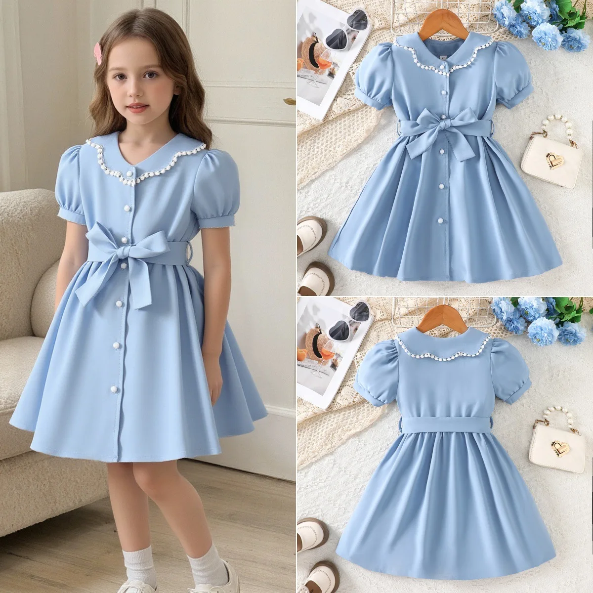 Hot Selling Summer Girls' Preppy Style Princess Dress - Stylish Belted Elegant Toddler Dress for 4-7Y