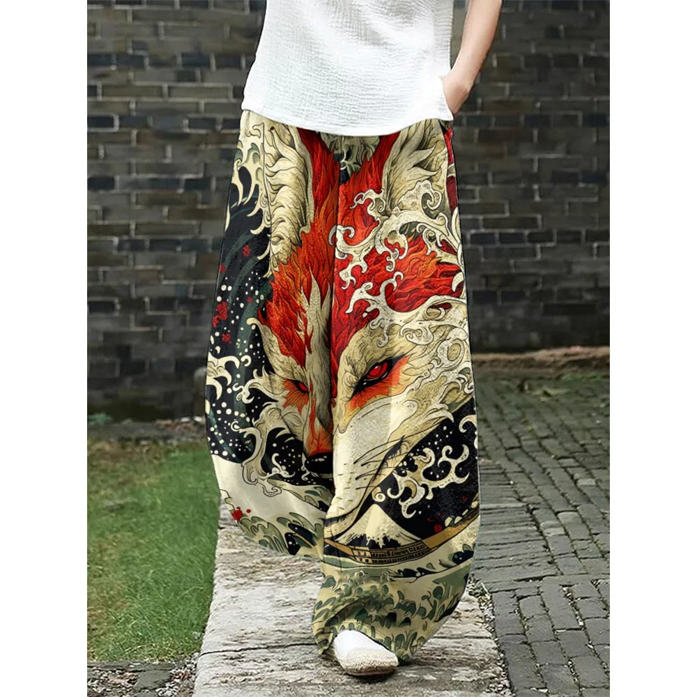 Feminino retro japonês guindaste impressão calças de perna larga boho solto calças casuais única moda artística calças compridas para mulher