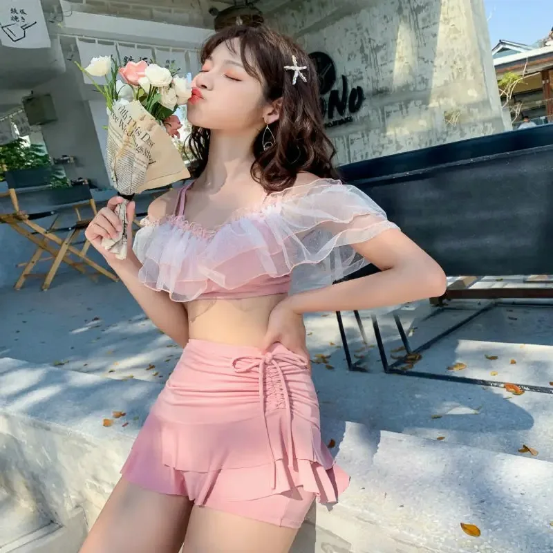 Backless Bikini Set Women Ruffles Chic Patchwork Trendy Ins Holiday Korean Fashion Sweet Spicy Girls Summer Popular Swimwear