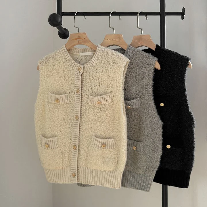 

Fluffy Soft Chenille Fragrant Metal Single Breasted Plush Knitted Vest Coat Sweater Women