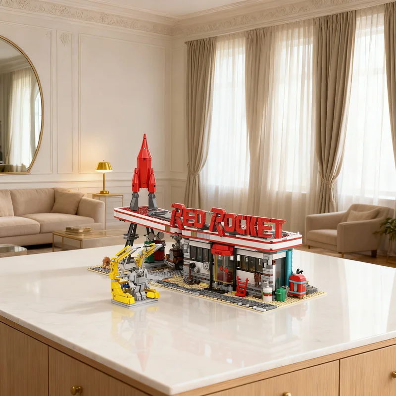 1996pcs MOC Red Rocket Modular Streetscape Gas Model Building Blocks Home Decoration, Home Decor Office Desk Decor Gift For Him