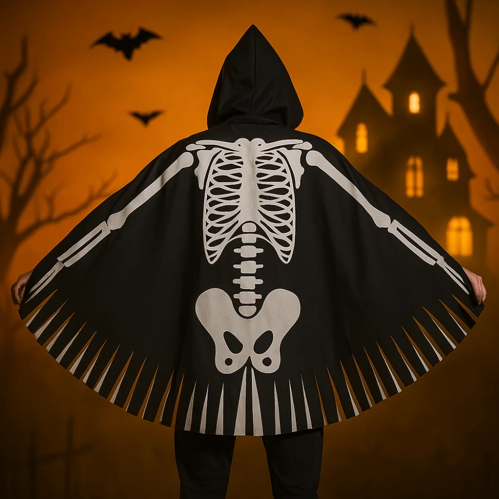 

Fashion Cloth Skeleton Cape Goth Hooded Halloween Props Performance Make Up Skull Bones Cloak Adult