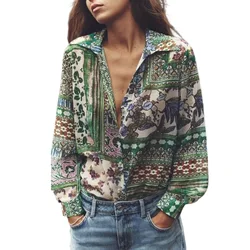 Women's new printed patchwork shirt with silk satin texture, fashionable and casual long sleeved single breasted top