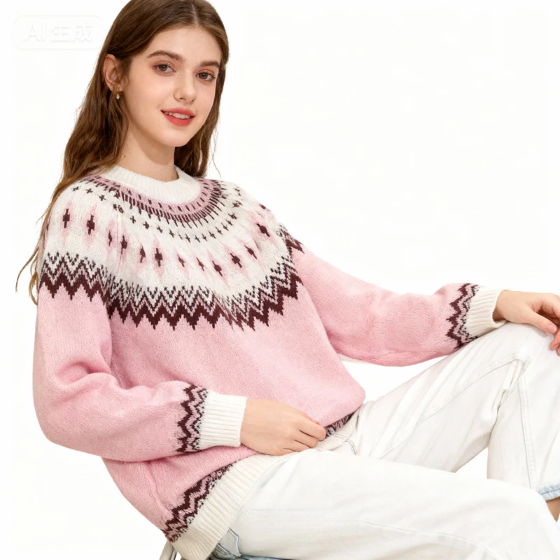 المرأة الجديدة وصول عيد الميلاد احتفالي معرض جزيرة محبوك سترة الوردي طاقم الرقبة فضفاضة تناسب عارضة السترة قمة الموضة #2