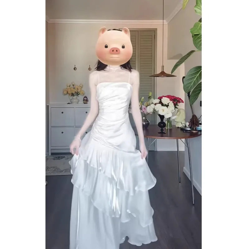 Vestido de Verão ular com Detalhes em Renda e Alças de Cetim para Mulheres, Estilo Coreano, Saia Longa com Cintura Ajustada