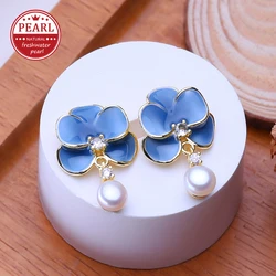 FENASY Freshwater Pearl 925 Sterling Silver Blue Flower Stud Earrings Wedding Jewelry Birthday Anniversary Gifts For Women