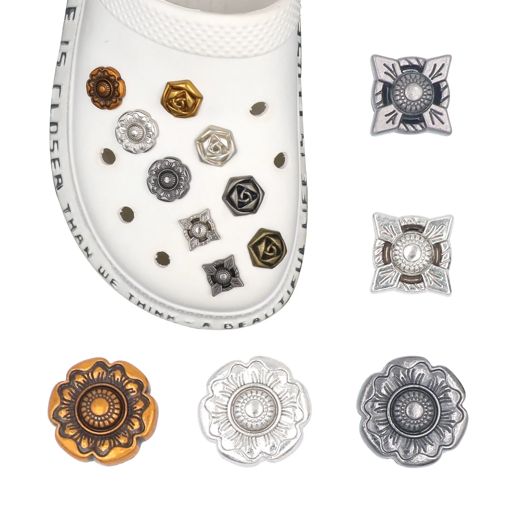 Shoe 크로크 지비츠 Accessories Punk Style Golden Silvery Gun Black Flowers Metal Detachable Sandals Decorations Charm 1 Set 14 Pcs