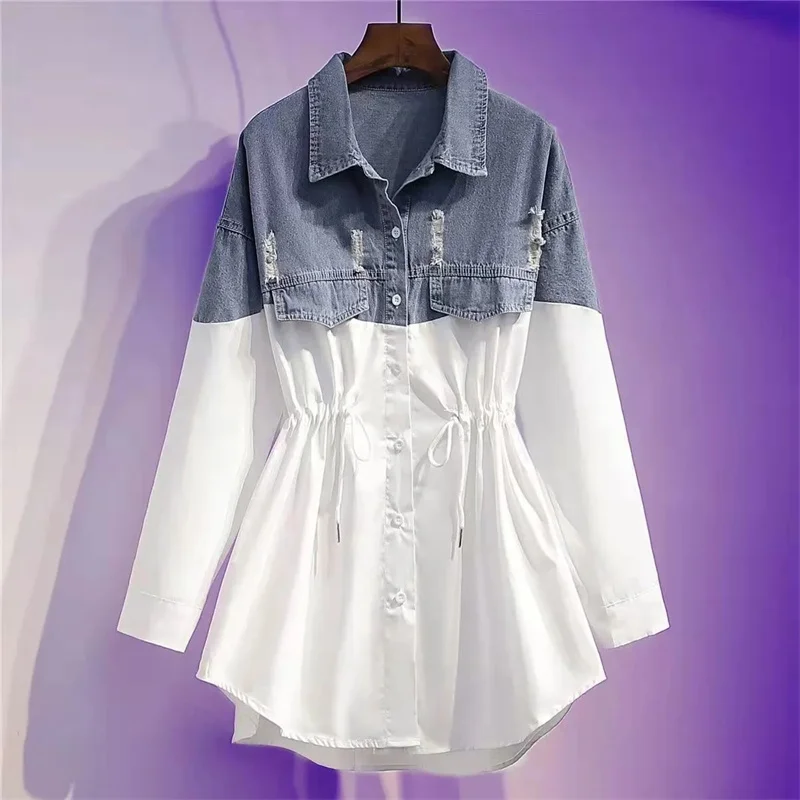 

2022 spring new fashion large size women's clothing temperament stitching is thin fried street waist chic denim top shirt