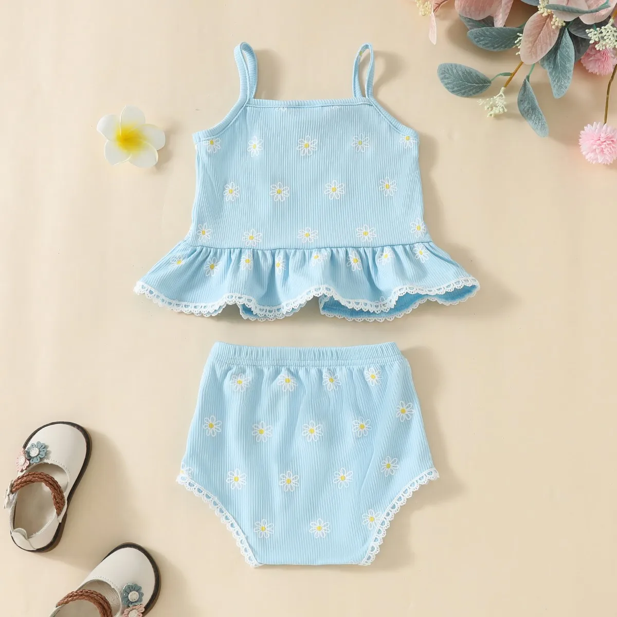 Baby Girl\'s Summer Daily Cute and Fresh Bow Flower Print Ruffled Hem Short Halter Top with Briefs 2-piece Set